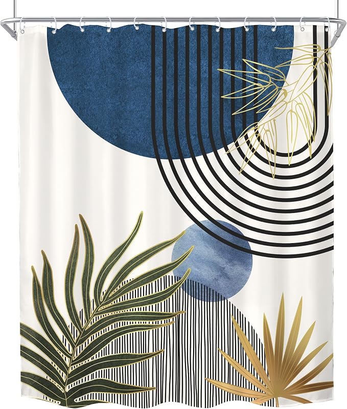 KOMLLEX Mid Century Blue Green Boho Extra Long Bathroom Shower Curtain Set | 72Wx84H Abstract Plant design, waterproof HD print with fast-drying fabric and 12 hooks.