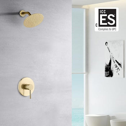 SUMERAIN Shower Faucet Set Brushed Gold Single Handle, 8 Inches | with Anti-scald Pressure Balance Valve, Extra-thin High Pressure Rain Shower Head, Non-return Check Valves