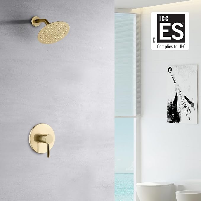 SUMERAIN Bathroom Brushed Gold Shower Faucet Set 8 Inches | Stainless Steel High Pressure Rain Shower Head, Solid Brass Rough In Valve, Single Handle, Modern