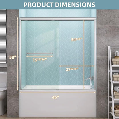 GETPRO Sliding Tub Shower Door 56-60 in. W x 58 in. H Semi-Frameless Bypass Double Sliding Bathroom Glass Door for Tub,1/4 inch Clear Tempered Glass Bathtub Door Brushed Nickel