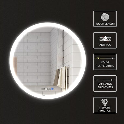 39 Inch Round LED Bathroom Mirror with 3 Color Modes, Touch Dimmer, Anti-Fog - Wall Mount Lighted Vanity Mirror for Makeup, Dressing Room - Fab Glass and Mirror