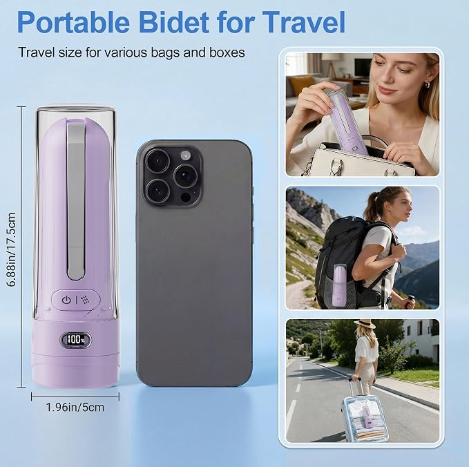 Electric Portable Bidet Toilet Aids Wiper Tool Set, Purple | 2-in-1 travel hygiene kit 15.7" extended length wiping tools 1600mAh Long-lasting Battery USB-C Rechargable IPX7 Waterproof
