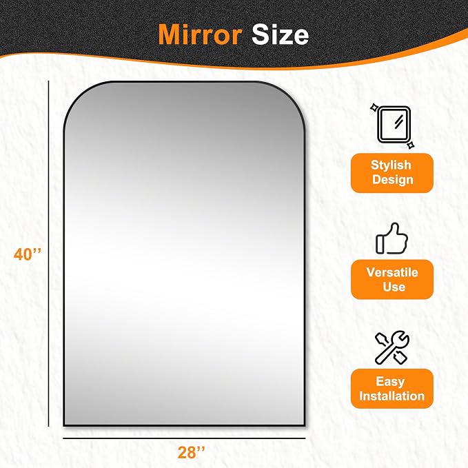 40"x28" Black Metal Framed Bathroom Mirror for Over Sink | Rounded rectangle shape. Shatterproof HD glass, all mounting hardware for bathroom, bedroom, entryway.