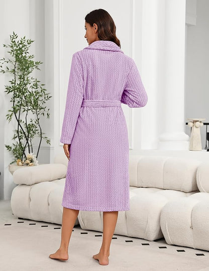 Ekouaer Women's Robe Long Plush Soft Bathrobe Cozy Warm Robes Shawl Collar Sleepwear with Pockets