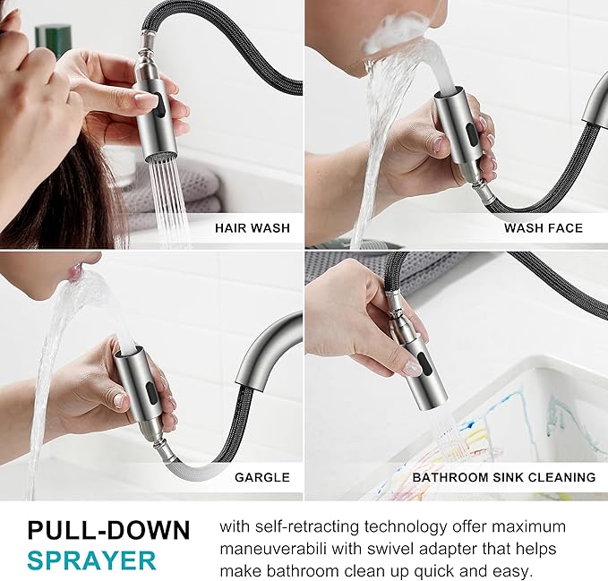 KENES Brushed Nickel Bathroom Faucet with Pull Down Sprayer, Single Handle Bathroom Sink Faucet with Pull Out Sprayer, Vanity Faucet with Pop Up Drain & Deck Plate, KE-9065B