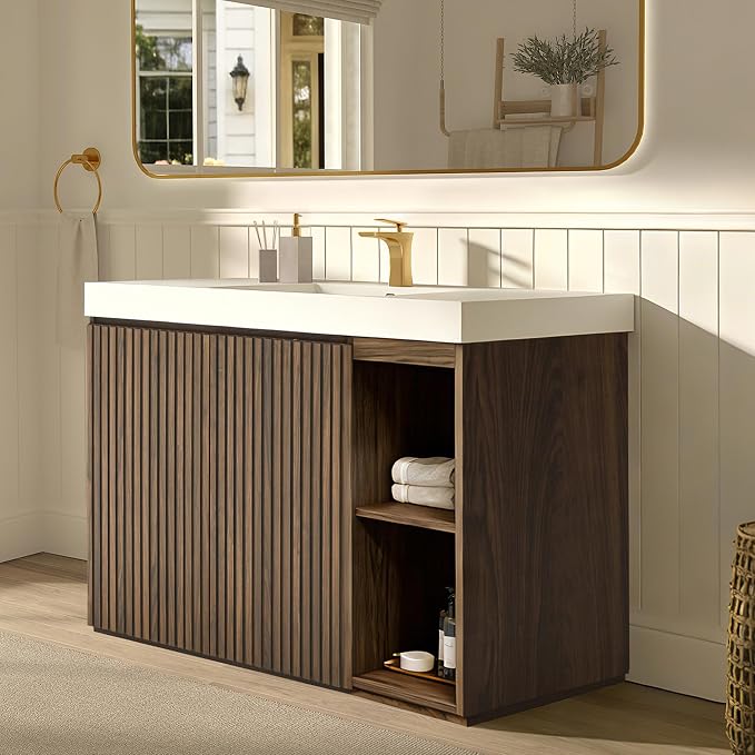 48" Bathroom Vanity with Sink, Modern Fluted Bathroom Vanity Cabinet with White Engineered Stone Sink & Open Side Storage, Soft-Closing Doors with Adjustable Shelf, Walnut