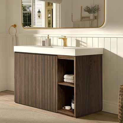 48" Bathroom Vanity with Sink, Modern Fluted Bathroom Vanity Cabinet with White Engineered Stone Sink & Open Side Storage, Soft-Closing Doors with Adjustable Shelf, Walnut