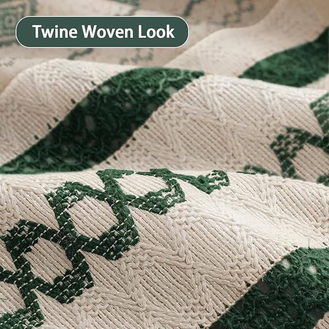 Dark Green Boho Shower Curtain for Bathroom, Linen Striped Print and Twine-Inspired Woven Center,72" W x 72" L