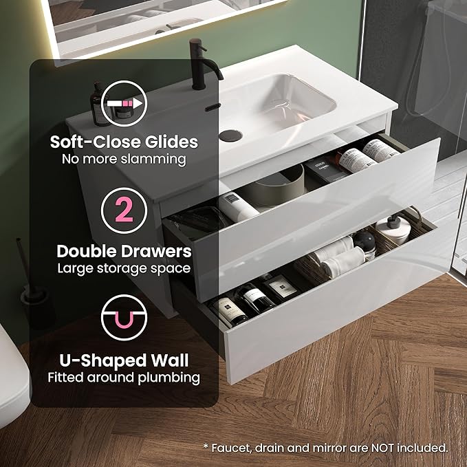 36" Bathroom Vanity with Sink, Modern Floating Vanity with Double Soft-Closing Drawers, Large Storage for Small Space, Glossy White, Fully Assembled - Iris Collection