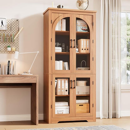 Garvee 70" Tall Kitchen Pantry Cabinet - Modern Display Cabinet with 4 Arched Glass Doors and Adjustable Shelves, Versatile Cupboard Organizers for Kitchen, Dining Room, Living Room, Bathroom, Walnut