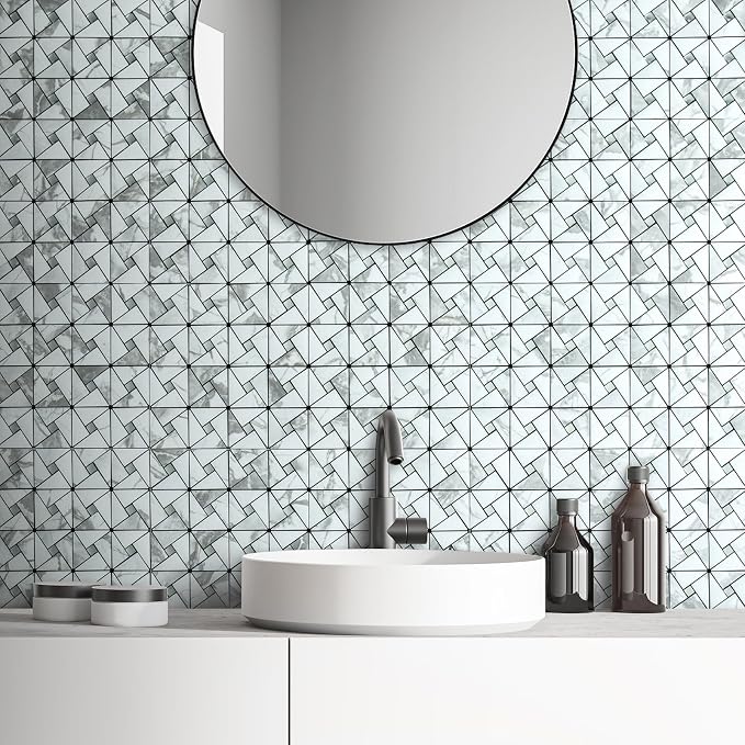 DICOFUN White Marble Look Peel and Stick Backsplash Tile, Mixed Glass Self-Adhesive Mosaic Tiles, Stainless Steel Stick on Wall Tiles for Kitchen and Bathroom Backspalsh, Mirror Décor, 10