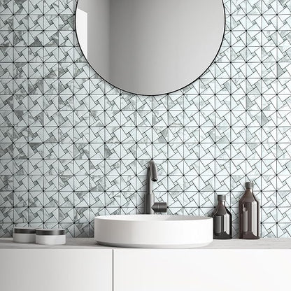 DICOFUN White Marble Look Peel and Stick Backsplash Tile, Mixed Glass Self-Adhesive Mosaic Tiles, Stainless Steel Stick on Wall Tiles for Kitchen and Bathroom Backspalsh, Mirror Décor, 10