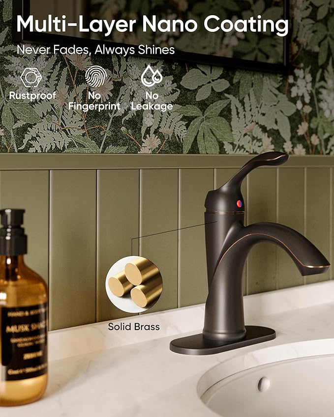 Homevacious Oil Rubbed Bronze Bathroom Faucet 1 Hole One-Handle Lever Bathroom Sink Faucets Bath Rustic Lavatory Basin Mixer Tap with Pop Up Drain with Overflow Supply Hose ORB