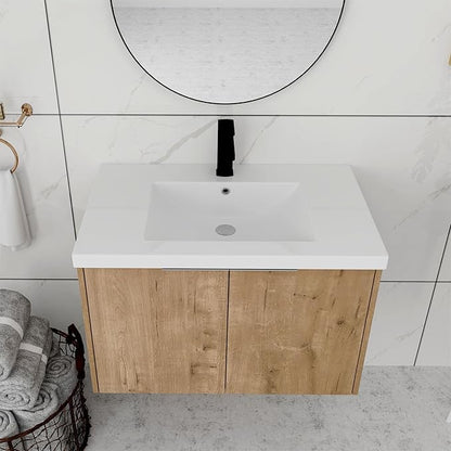 30 Inch Bathroom Vanity with Sink, Modern Wall Mount Floating Bathroom Vanity Set, Brown Vanity, Ceramic Sink and Soft Close Door
