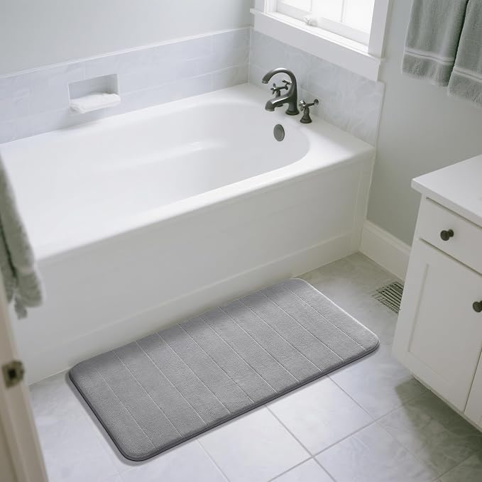 Yimobra Long Bath Mat 44"x24", Super Soft Quick Dry Memory Foam Bathroom Rug, Water Absorbent, Non Slip Backing Machine Washable for Tub Shower, Thick Comfort Support, Gray