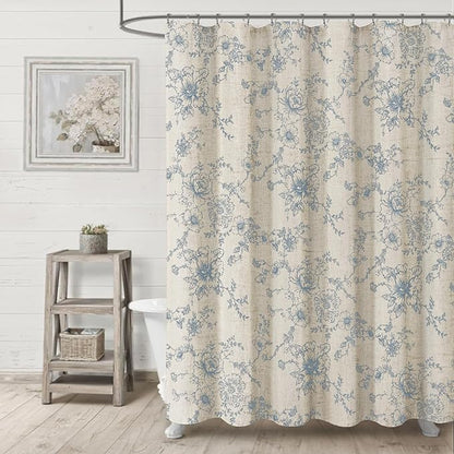 Farmhouse Floral Linen Shower Curtain, Vintage Blue Pattern Rustic Shower Curtains for Bathroom, Taupe,72x72