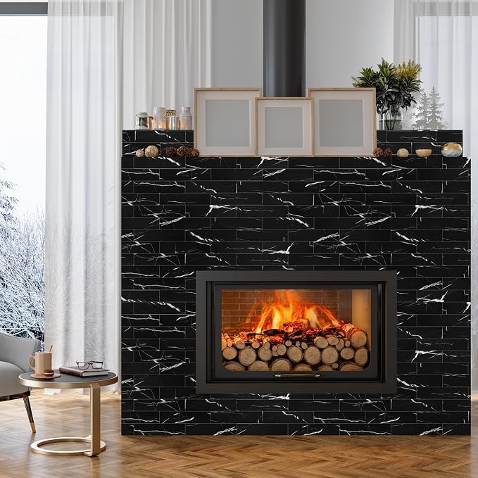 80-Piece Black Marquina Peel and Stick Backsplash Tile, 2"x 8" PVC Subway Tiles, Stick on Backsplash for Kitchen/Bathroom/Fireplace