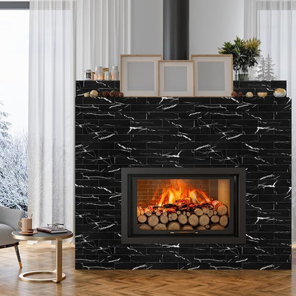 80-Piece Black Marquina Peel and Stick Backsplash Tile, 2"x 8" PVC Subway Tiles, Stick on Backsplash for Kitchen/Bathroom/Fireplace