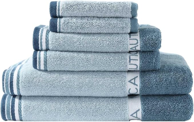 Nautica – Bathroom Towels, Soft Plush Washcloth, Bath & Hand Towel Set, Highly Absorbent Yarn Dyed Terry Cotton, Set of 6, College Dorm Room Essentials (Belle Castle Blue)