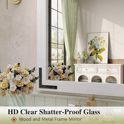 Farmhouse Bathroom Mirror, 28x32 Inch White Vanity Mirror for Wall, Wood Framed Rustic Mirror Rectangular Wall Decor Mirrors for Entryway Living Room Bedroom