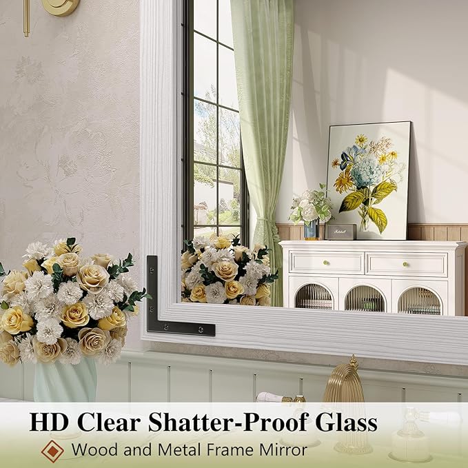 Farmhouse Bathroom Mirror, 40x30 Inch White Vanity Mirror for Wall, Wood Framed Rustic Mirror Rectangular Wall Decor Mirrors for Entryway Living Room Bedroom