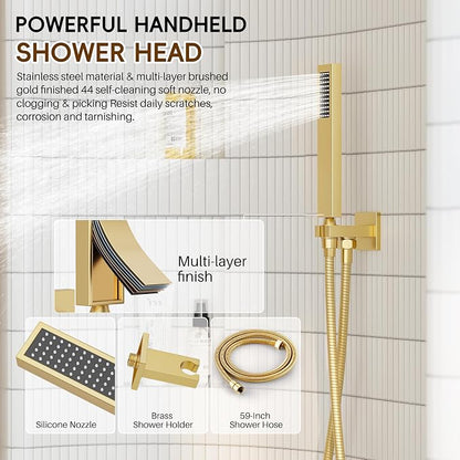 Gold Shower System, Shower Faucet Set with 12" Rain Shower head | All Metal Bathroom Wall Mounted High Pressure Shower head with handheld Combo Set Included Valve and Trim kit