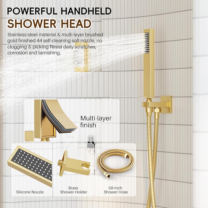 Gold Shower System, Shower Faucet Set with 10" Rain Shower head | All Metal Bathroom Wall Mounted High Pressure Shower head with handheld Combo Set Included Valve and Trim kit