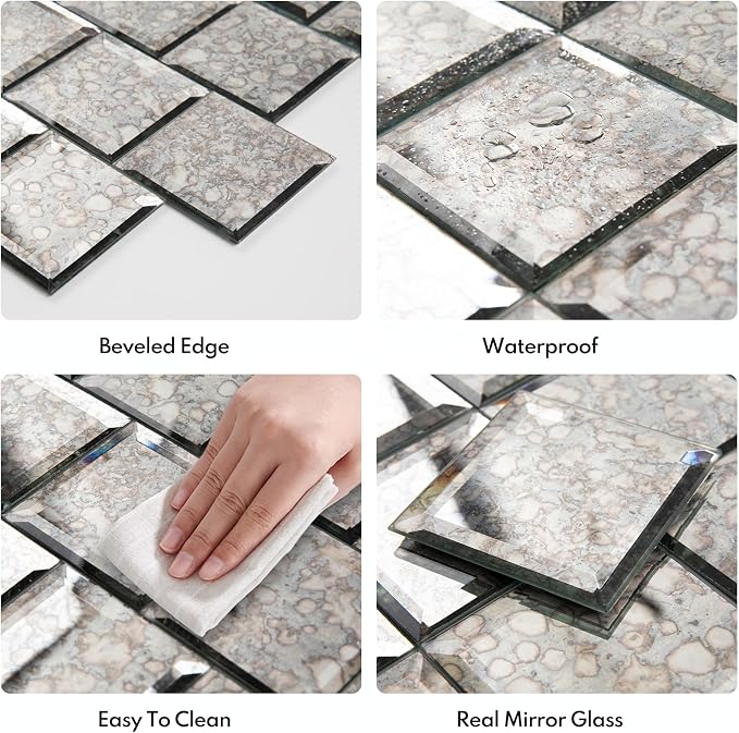 Peel and Stick 3 Inch Antique Mirror Backsplash, Square Tile for Kitchen Bathroom (32 Sheets, 2 SQ.FT.)
