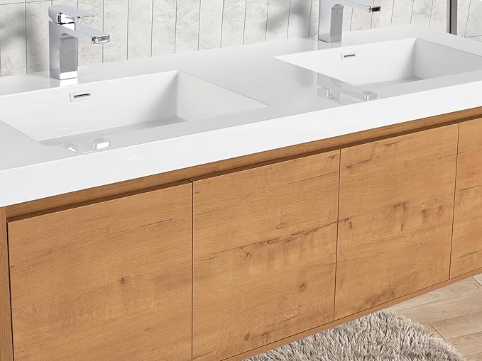 Blossom 60 Inch Wall Mounted Bathroom Vanity with Sink | Floating Wood Vanity Cabinet | Modern Soft-Close Doors & Storage | Space-Saving Design (Classic Oak, 60'' Acrylic Double Sink)