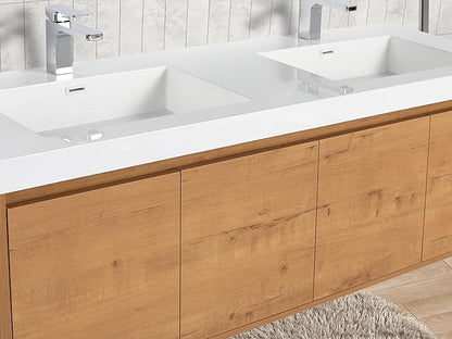 Blossom 60 Inch Wall Mounted Bathroom Vanity with Sink | Floating Wood Vanity Cabinet | Modern Soft-Close Doors & Storage | Space-Saving Design (Classic Oak, 60'' Acrylic Double Sink)