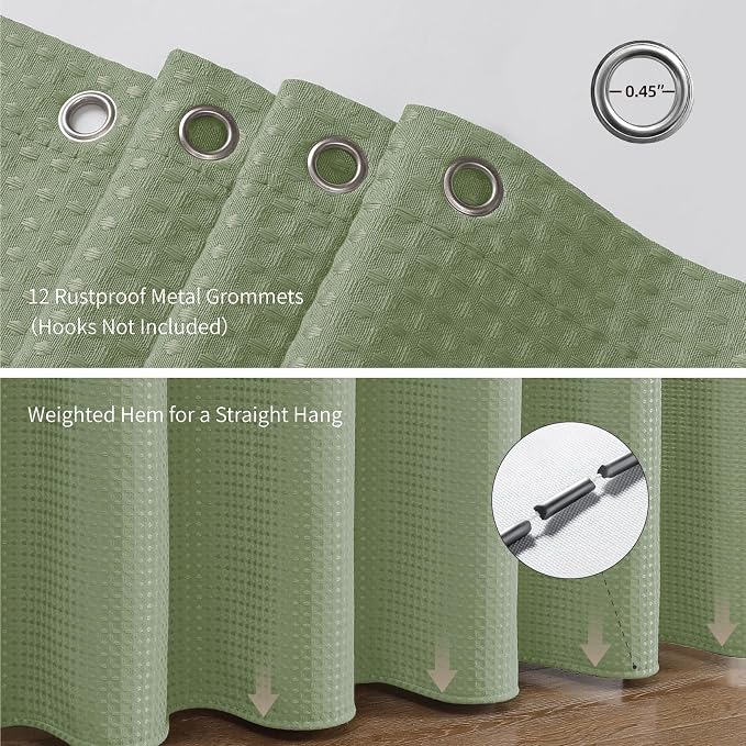 Sage Green 256GSM Waffle Weave Shower Curtain, 72"x84" | Extra Long with Weighted Hem & Rustproof Grommets-Water-Repellent Polyester, Hotel Spa Style for Bathroom,RV,Apartment