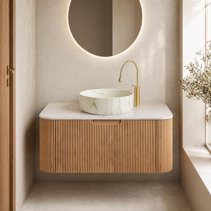 36 Inch Bathroom Vanity with Sink, Floating Wall Mounted Single Sink Vanity, Natural Woodgrain Curved Fluted Front, Stone Top, Marble-Look Round Vessel Basin, Pre-Assembled