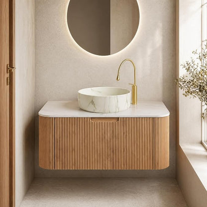 36 Inch Bathroom Vanity with Sink, Floating Wall Mounted Single Sink Vanity, Natural Woodgrain Curved Fluted Front, Stone Top, Marble-Look Round Vessel Basin, Pre-Assembled