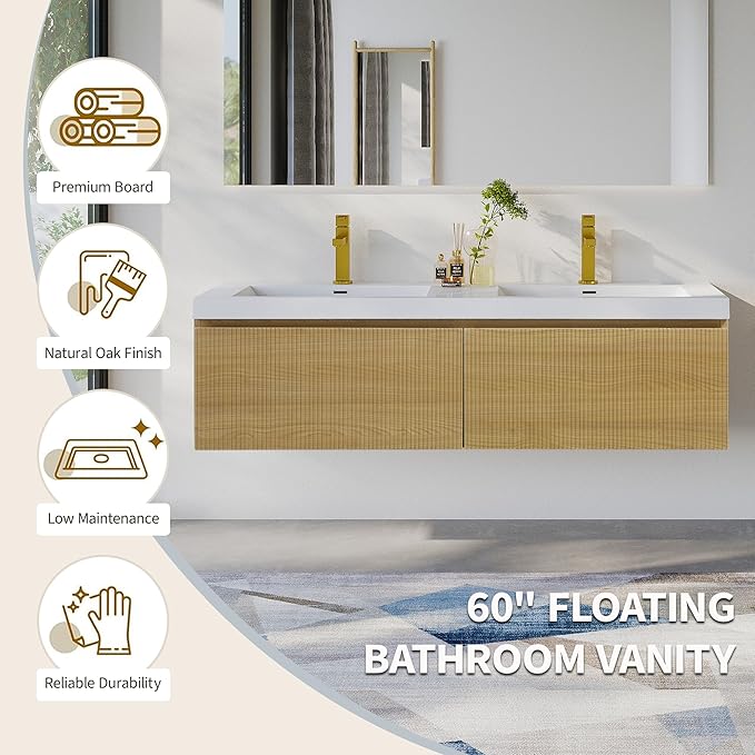 60'' Floating Bathroom Vanity with Sink Combo, Modern Wall-Mounted Striped Bathroom Storage Cabinet with Soft-Close Drawer and Double Glossy White Solid Surface Basins, Natural Oak