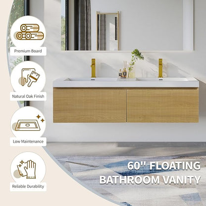 60'' Floating Bathroom Vanity with Sink Combo, Modern Wall-Mounted Striped Bathroom Storage Cabinet with Soft-Close Drawer and Double Glossy White Solid Surface Basins, Natural Oak