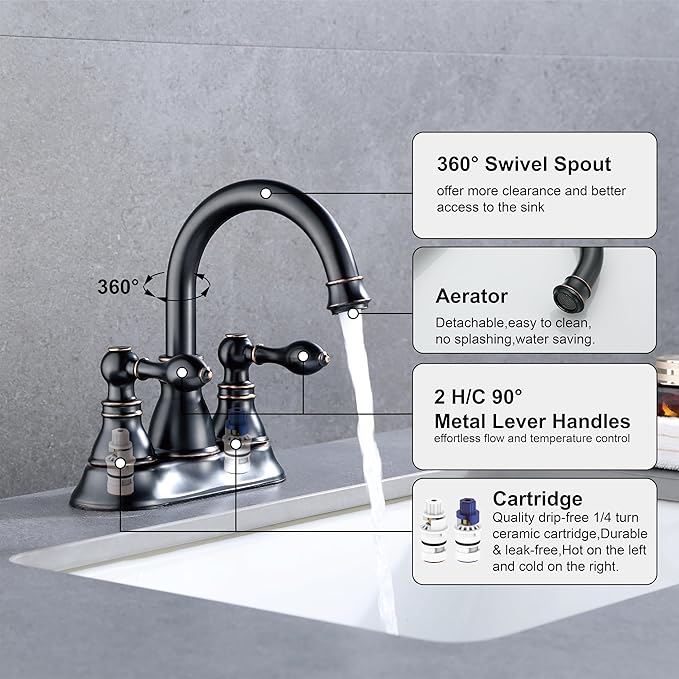 Bathroom Faucets, Centerset Lavatory Sink Faucet with 2 Handle, 3 Hole, Overflow Pop Up Drain & 4 Inch 360° Swivel Spout, F-4501-NB (Oil Rubbed Bronze)