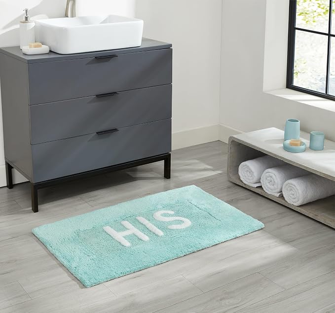 Cotton Bath Rug - Soft Cotton Bath Mat - Bathroom Decor - Water Absorbent and Machine Washable - Measures 21"x34" - His- Aqua Blue
