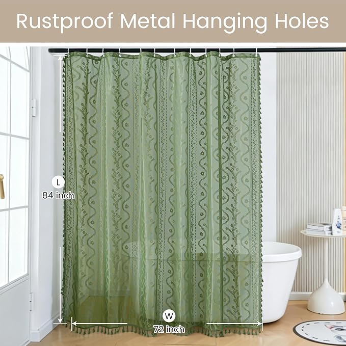 WAZZIO Dark Sage Green Lace Shower Curtain for Bathroom 72" W x 84" L, Victorian Farmhouse Floral Pattern Tassel Fancy Shower Curtain Boho Washable Cloth Decorative Bath Curtains,1 Panel