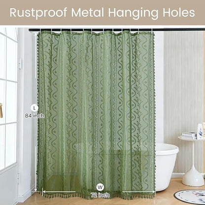 WAZZIO Dark Sage Green Lace Shower Curtain for Bathroom 72" W x 84" L, Victorian Farmhouse Floral Pattern Tassel Fancy Shower Curtain Boho Washable Cloth Decorative Bath Curtains,1 Panel