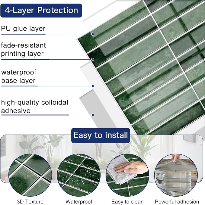MORCART 20PCS 11.8"x11.8" Peel and Stick Backsplash, Deep Green | 3D Adhesive Waterproof Wall Tiles for Kitchen, Bathroom, Living Room, Laundry Room, Subway Tiles