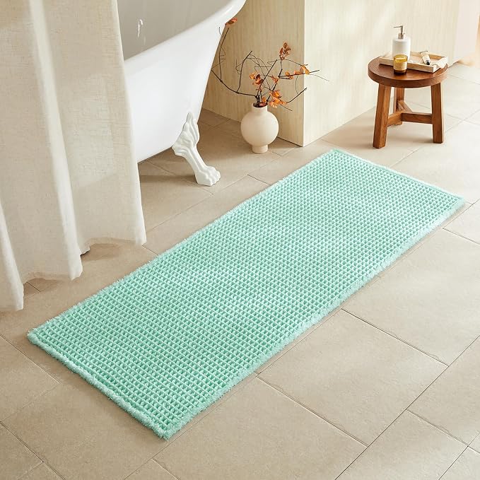 TYUU Waffle Runner Rug Bathroom, Long Boho Bath Mat, 60x24 Aqua Blue | Super Absorbent Quick Dry Bath Rug, Non-Slip Backing, Soft Waffle Washable Farmhouse Bathroom Mats, Tub, Shower & Home Decor