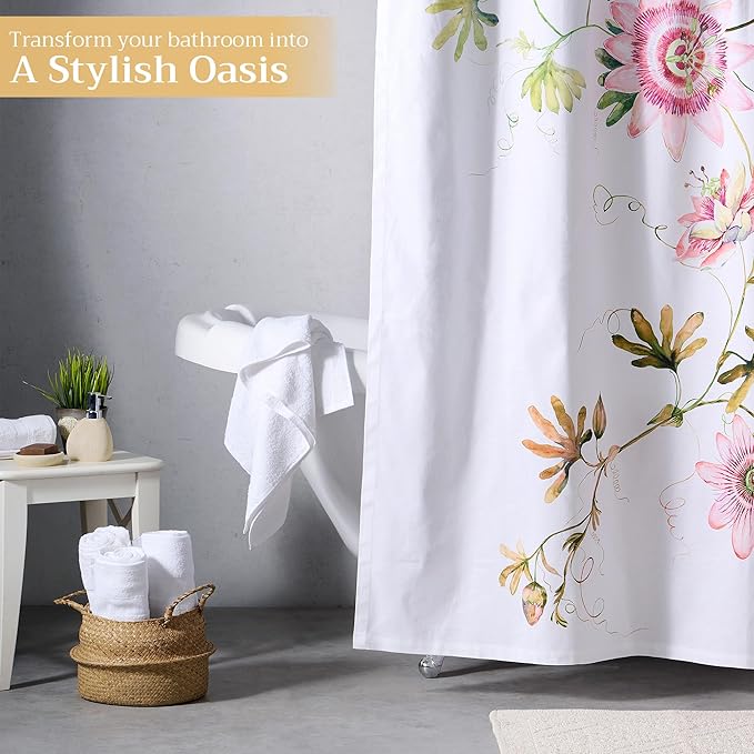 Maison d' Hermine Shower Curtain 100% Cotton One Panel 70"x72" Washable Fabric Shower Curtains for Bathroom, Easy Hanging with 12 Button Holes - Home Hotel Spa Easter Gifts (Passion - White)