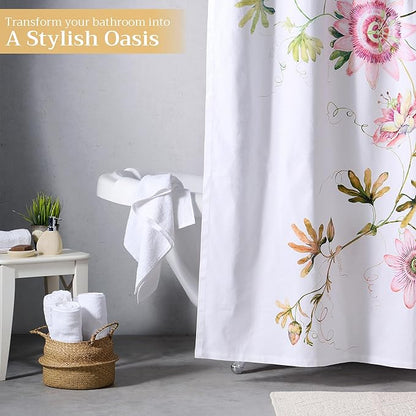 Maison d' Hermine Shower Curtain 100% Cotton One Panel 70"x72" Washable Fabric Shower Curtains for Bathroom, Easy Hanging with 12 Button Holes - Home Hotel Spa Easter Gifts (Passion - White)