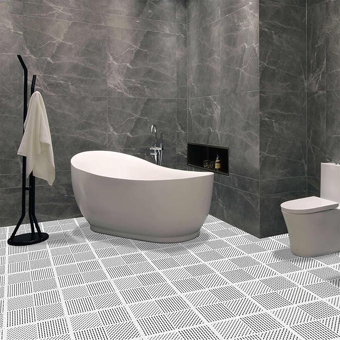 18 Pack Modular Interlocking Floor Tiles Anti-Slip with Drainage Holes for Pool Bathroom Shower Sauna Room SPA Pantry Balcony Patio Boat, 12"×12" White