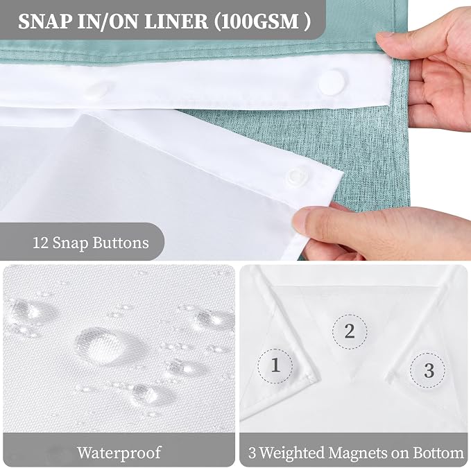 Teal Ringless Linen Textured Shower Curtain with Snap in Liner, 72x75 | 3 in 1 Hotel Shower Curtain Set, Removable Liner, Waterproof & Washable, Mesh Top Window, Durable Fabric, Easy to Install