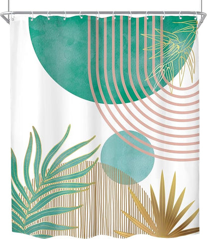 Mid Century Green Pink Boho Abstract Modern Bathroom Shower Curtain Set | 60Wx72L Plant design, waterproof HD print with fast-drying fabric and 12 hooks.