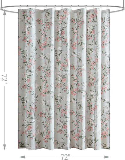 Martha Stewart Meadow Floral Shower Curtain for Bathroom, 72 x 72, Green | Adds Privacy, Machine Washable, Farmhouse, OEKO-TEX Certified, Cotton-Rich Slub Texture