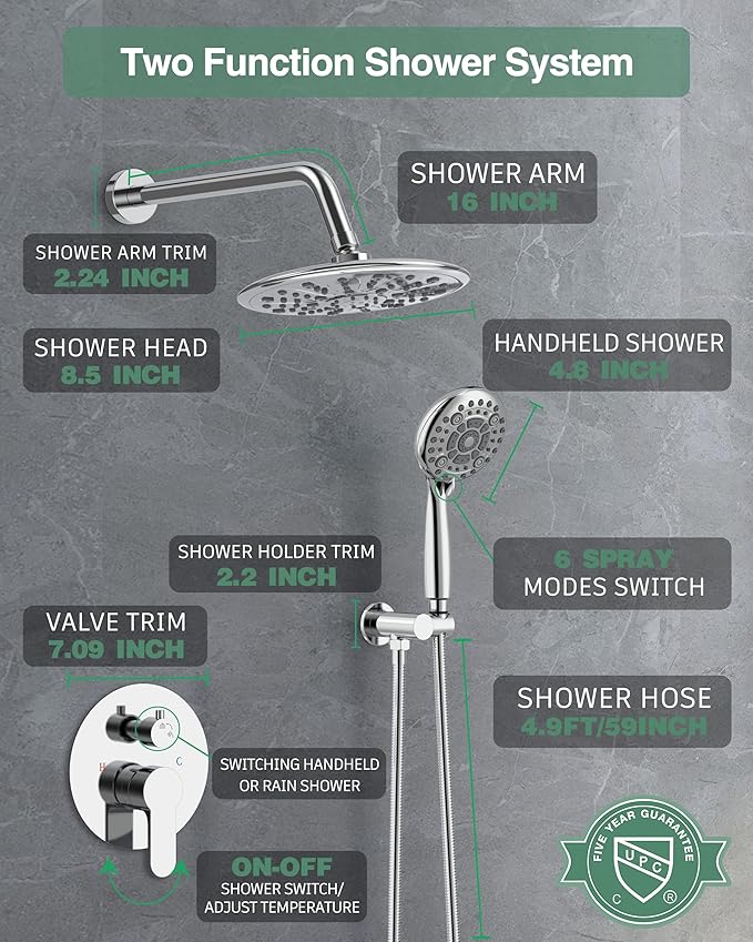 SunCleanse Rain Shower Faucet System - 8.5" Shower Head Combo with 7-Setting handheld Spray Complete Shower Set - Rainfall Shower Fixture with Valve and Trim Kit for Luxury Bathroom Polished Chrome