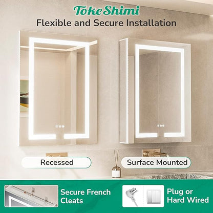 TokeShimi 16x24 Surface Mount or Recessed Medicine Cabinet with Lights 3 Colors Dimmable, Led Medicine Cabinet Mirror with Outlet and Defogger,2-Side Front Lit Bathroom Mirror with Storage