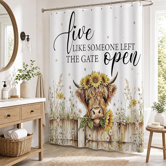 Highland Cow Shower Curtain, Rustic Farmhouse Floral Bath Curtain | 72x72 Inches, Waterproof Polyester Fabric, Country Bathroom Decor for Home Decorations, Includes 12 Hooks